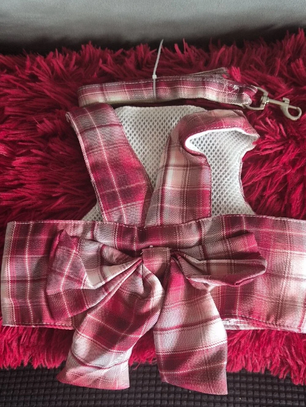 Plaid Pink Dog Harness with Decorative Bow